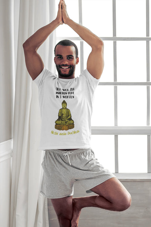 Weißes Yoga T-Shirt mit Spruch: Der Weg zur inneren Ruhe - nicht mein Problem. Yoga schmunzel Shirt