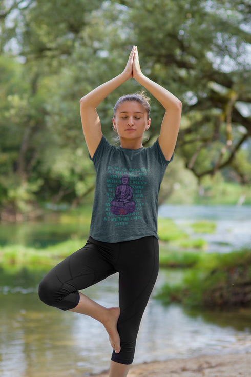 Dunkelgrünes T-Shirt mit Buddha für den Yoga Unterricht