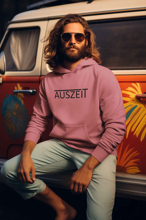 Schickes unisex Kapuzenshirt oder Hoodie mit der Aufschrift AUSZEIT in Rosa. SHIRTCHECKER