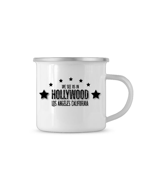 Diese weiße bedruckte Tasse trägt die Aufschrift "We see us in Hollywood" Los Angeles California.